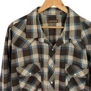 Roper Pearl Snap Plaid Shirt Mens 4XL Brown Blue Western Rodeo Cowboy EUC